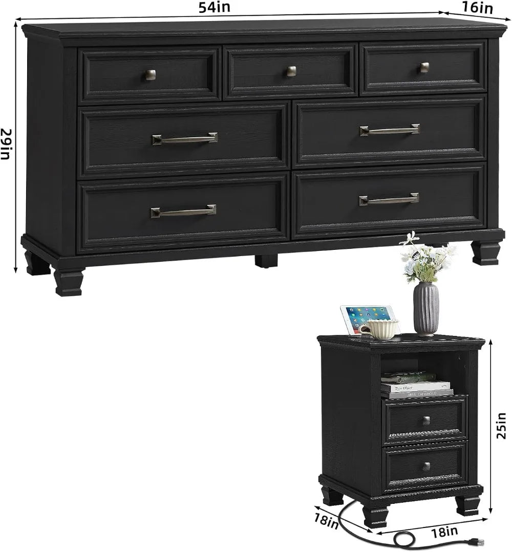 Farmhouse 7 Drawer Dresser & Nightstand Set, Black