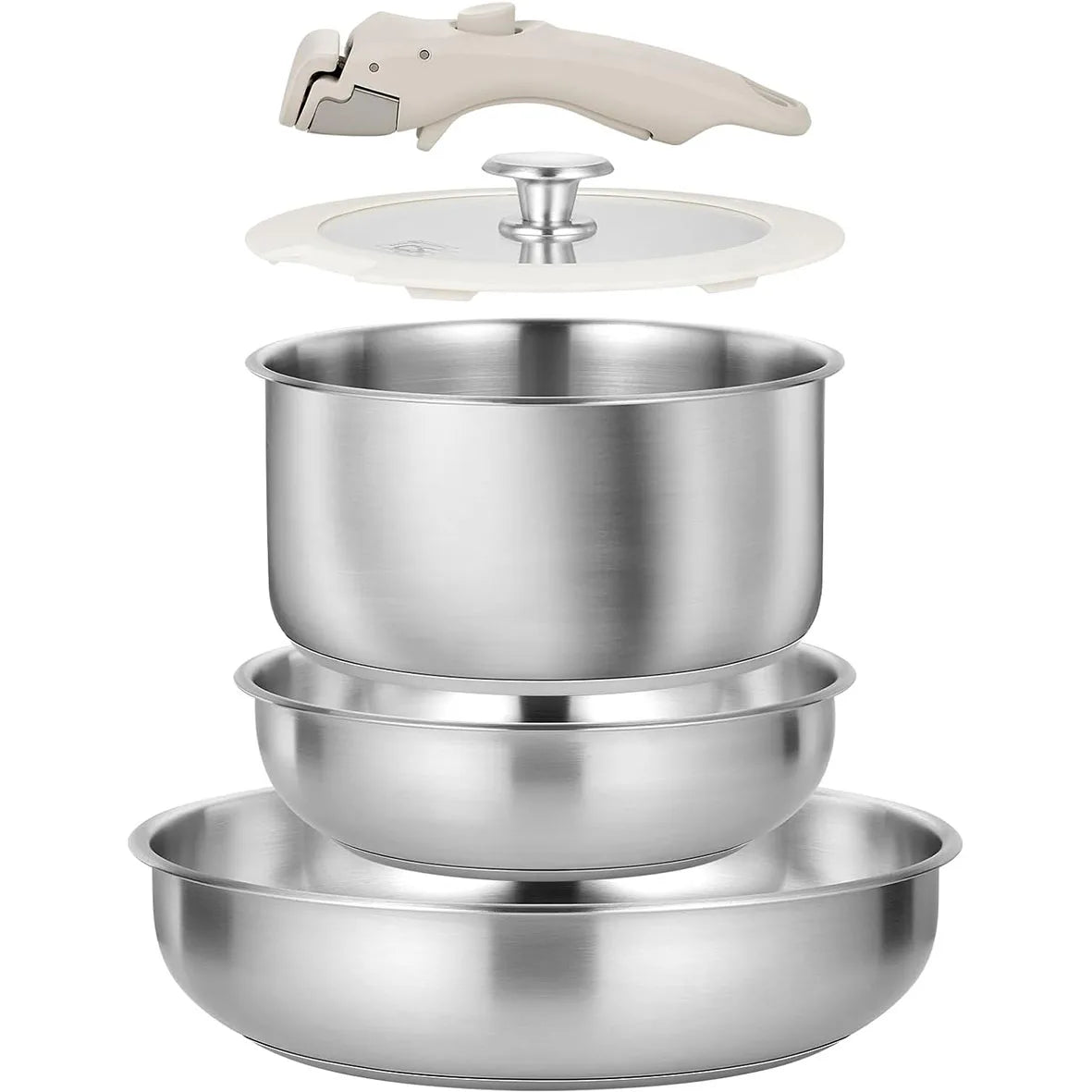 KOCH SYSTEME CS Stainless Steel Pots and Pans Set, 7 Piece Stainless Steel Cookware Set with Detachable Handle