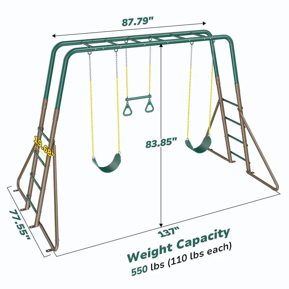 Swing Sets with Monkey Bars, Trapeze Bar, and 2 Belt Swings