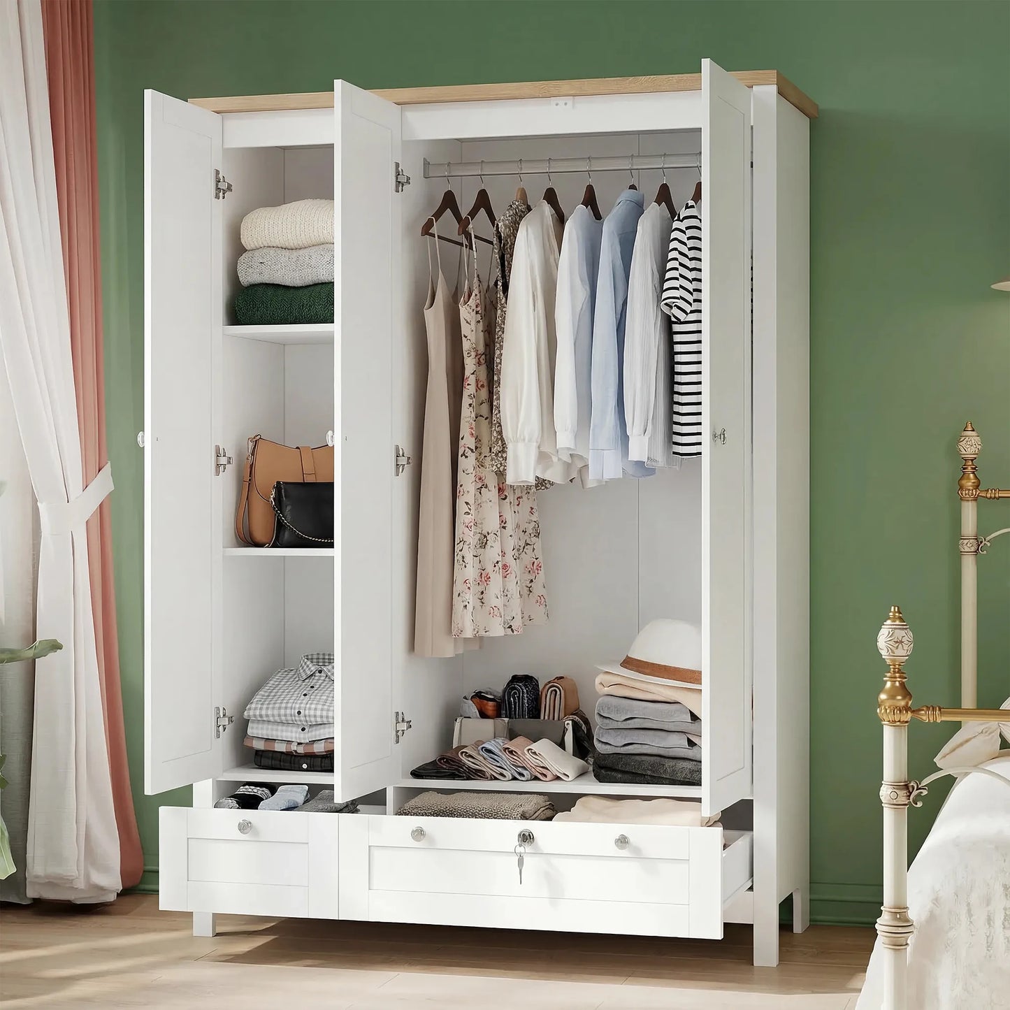 3-Door Wardrobe Closet with Lockable Large Drawer