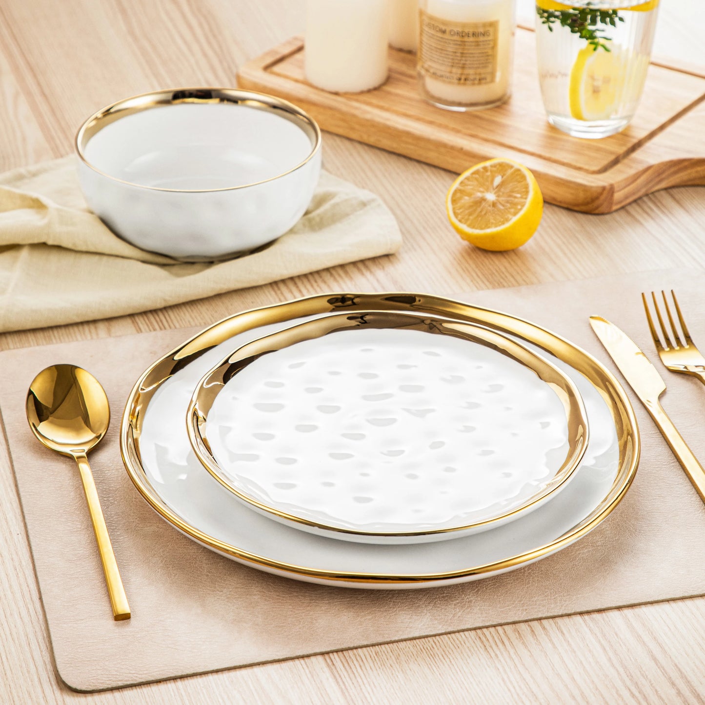 12/24 Piece Ceramic Porcelain White and Golden Rim Dinnerware Sets