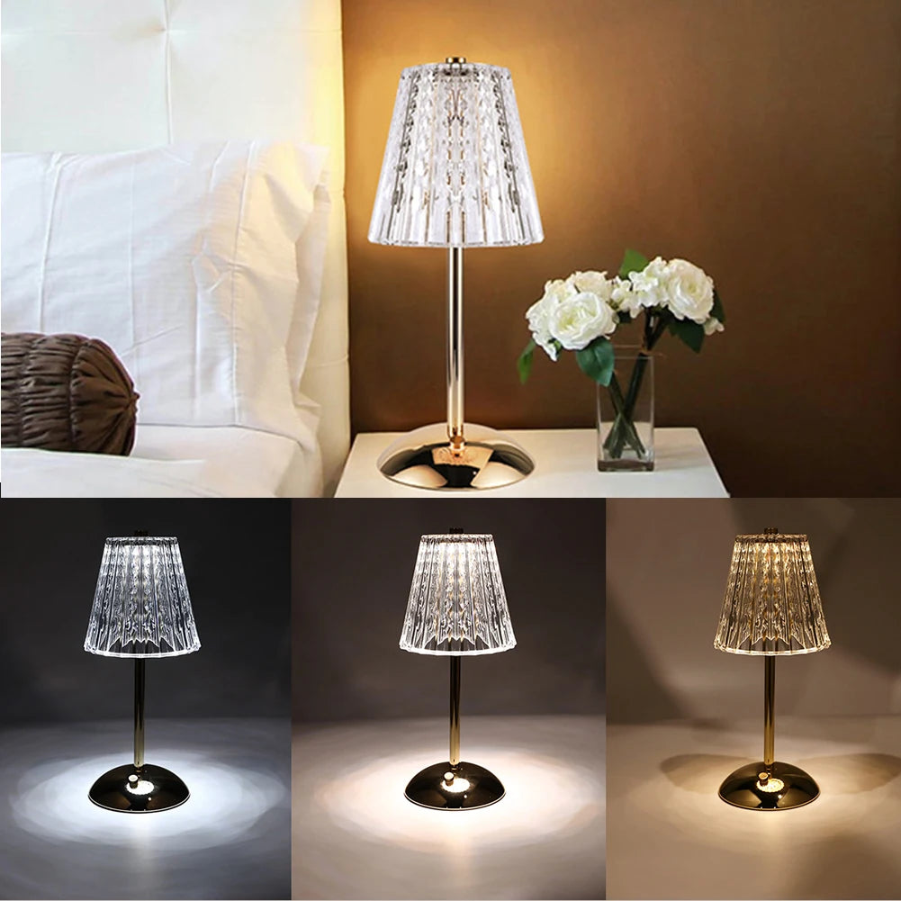 3 Colors LED Crystal Table Lamp Dimmable Rechargeable Wireless