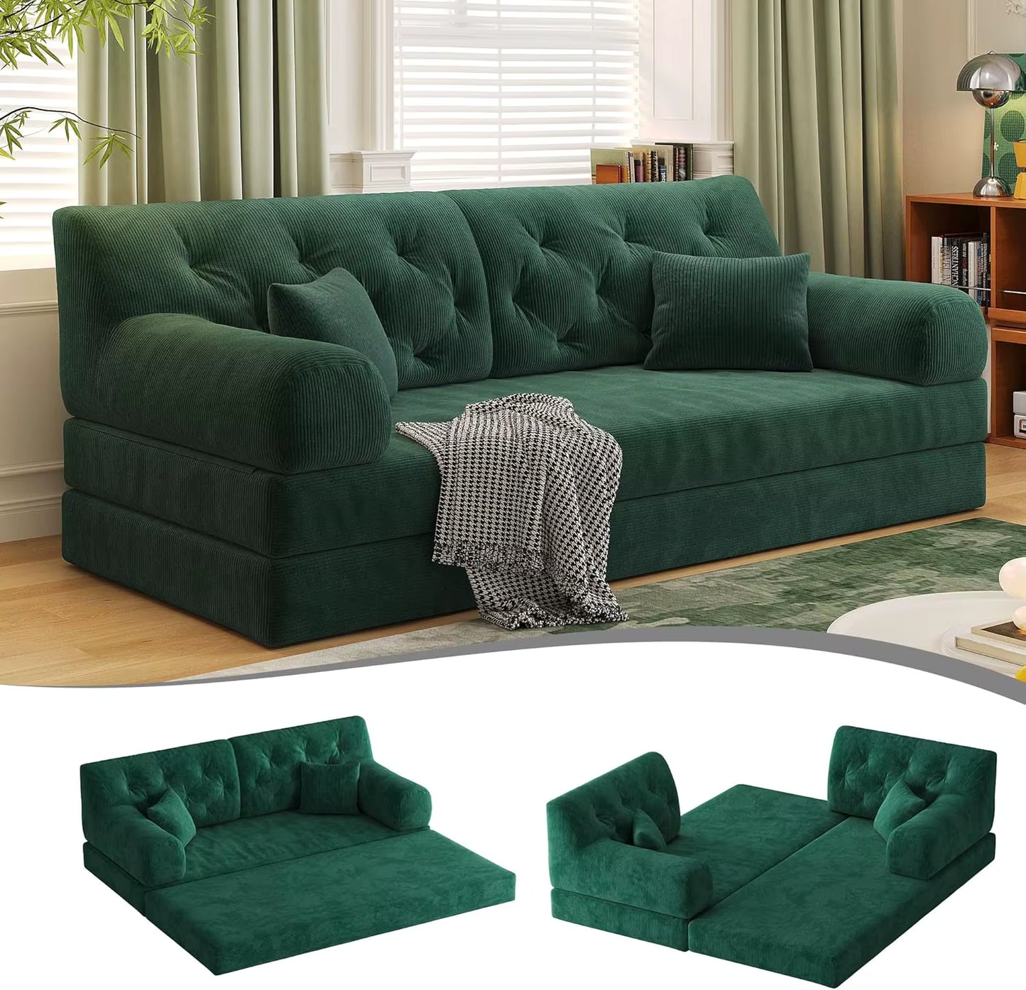 Convertible Sofa Bed with Pillows, Corduroy with Fixed-Shape Frame