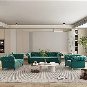 3 Piece Living Room Set- Velvet Chesterfield Sofa Loveseat  Chair