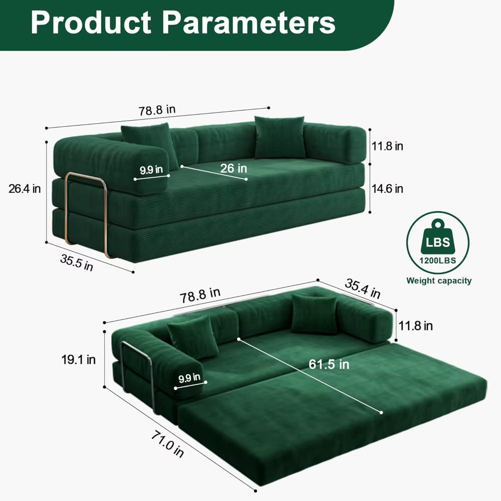 Convertible Sofa Bed with Pillows, Corduroy with Fixed-Shape Frame