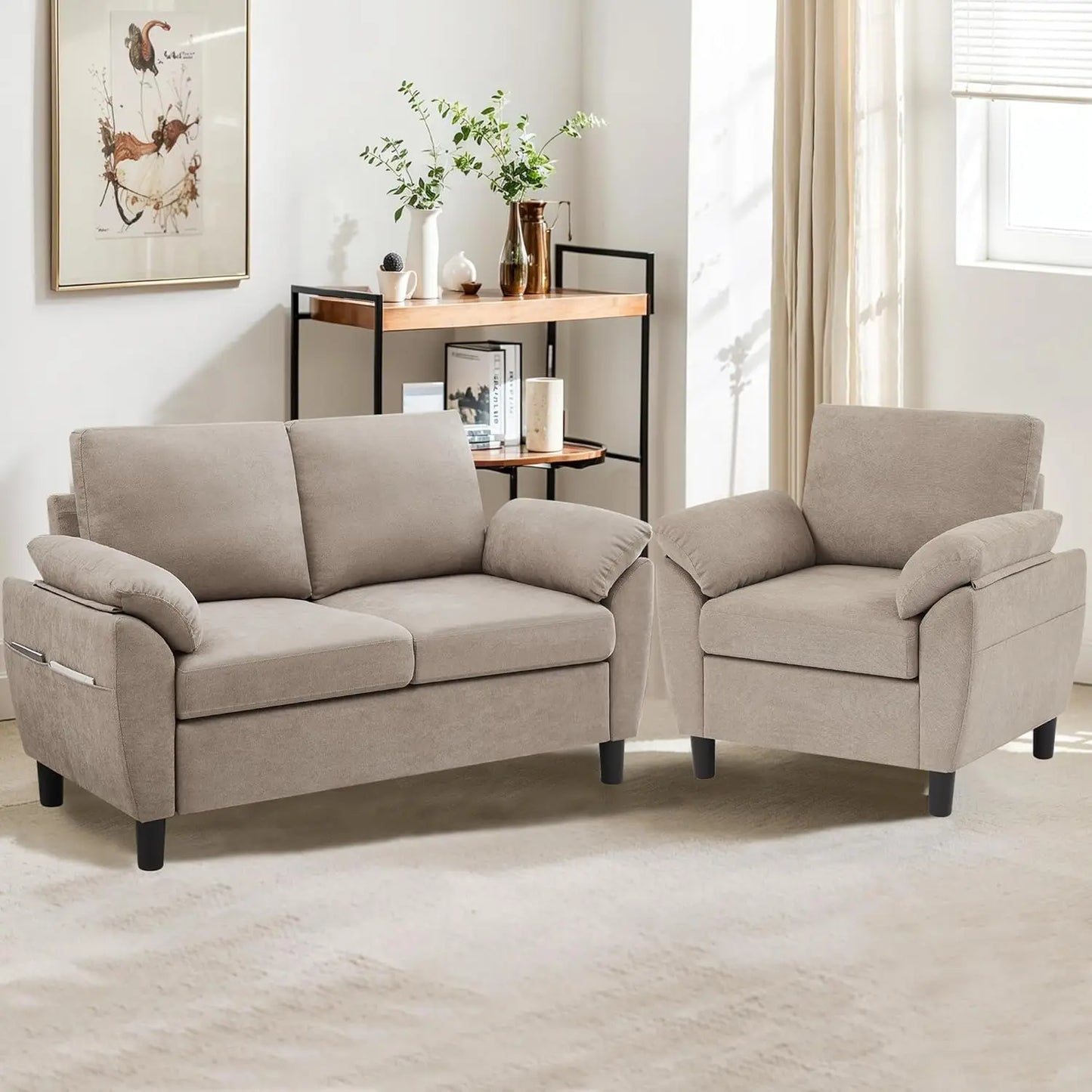 2pc Linen Sectional Loveseat & Chair Set, Upholstered Beige, Customized