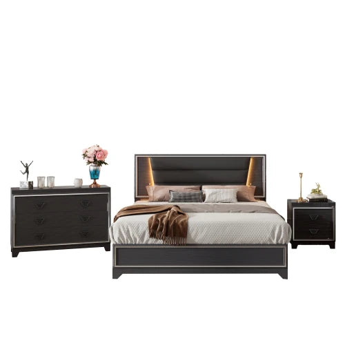 3-Pieces Bedroom Sets Queen Size  Bed with LED Lights, Nightstands and Dresser