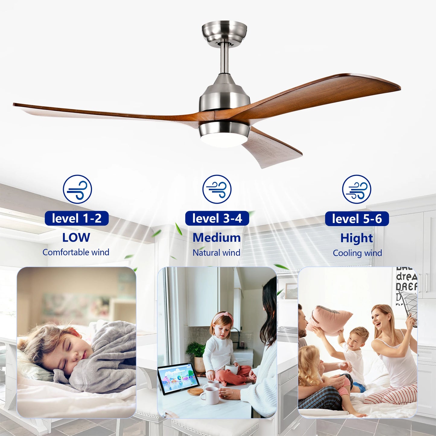 Solid Wood Blades Ceiling Fan with Light Remote Control