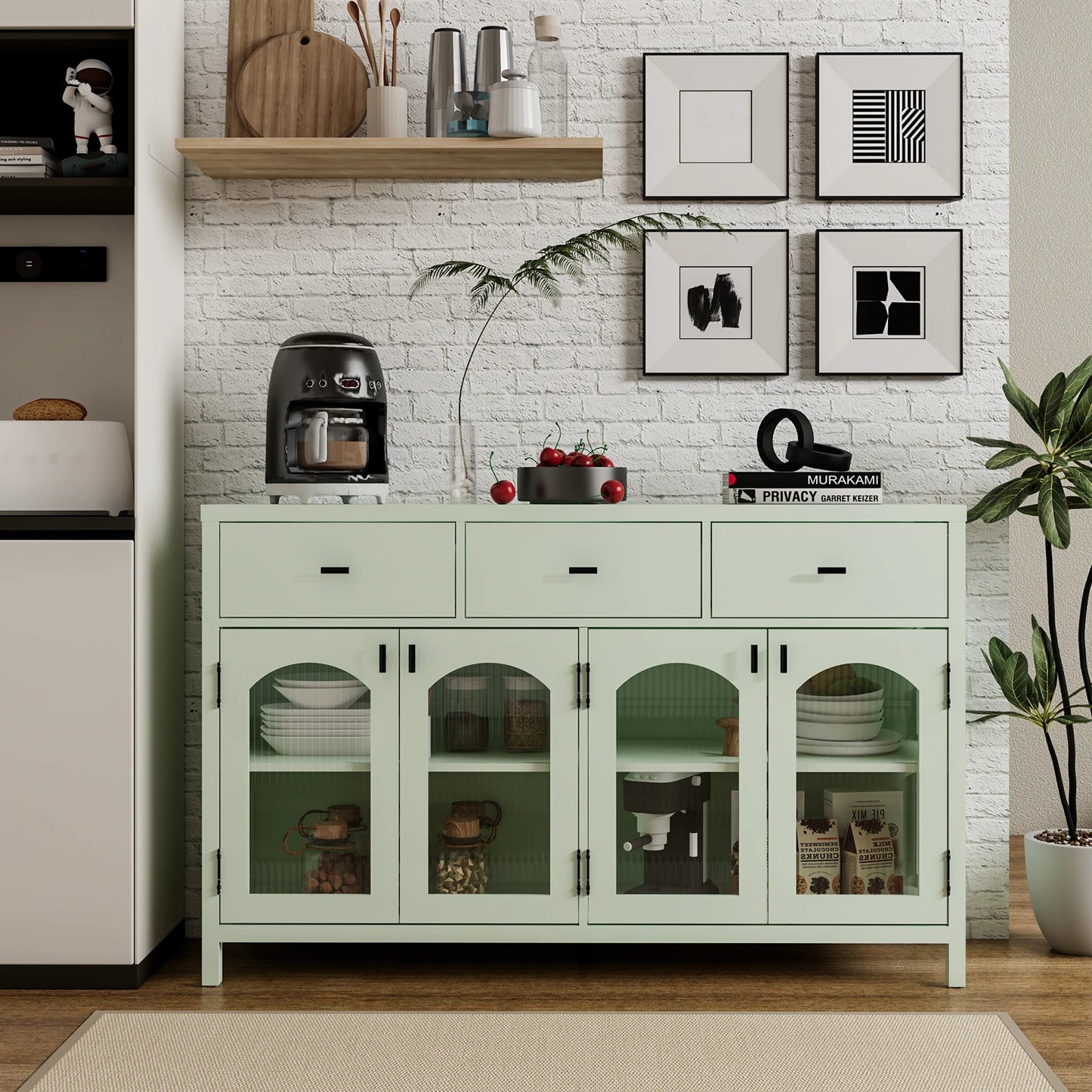 Sideboard Buffet Cabinet with 3 Drawers & 4 Arched Fluted Glass Doors