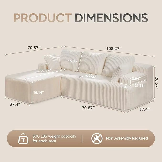 Modular L-Shaped 3-Seat Sectional | Memory Foam with Deep Seating & Storage Modules