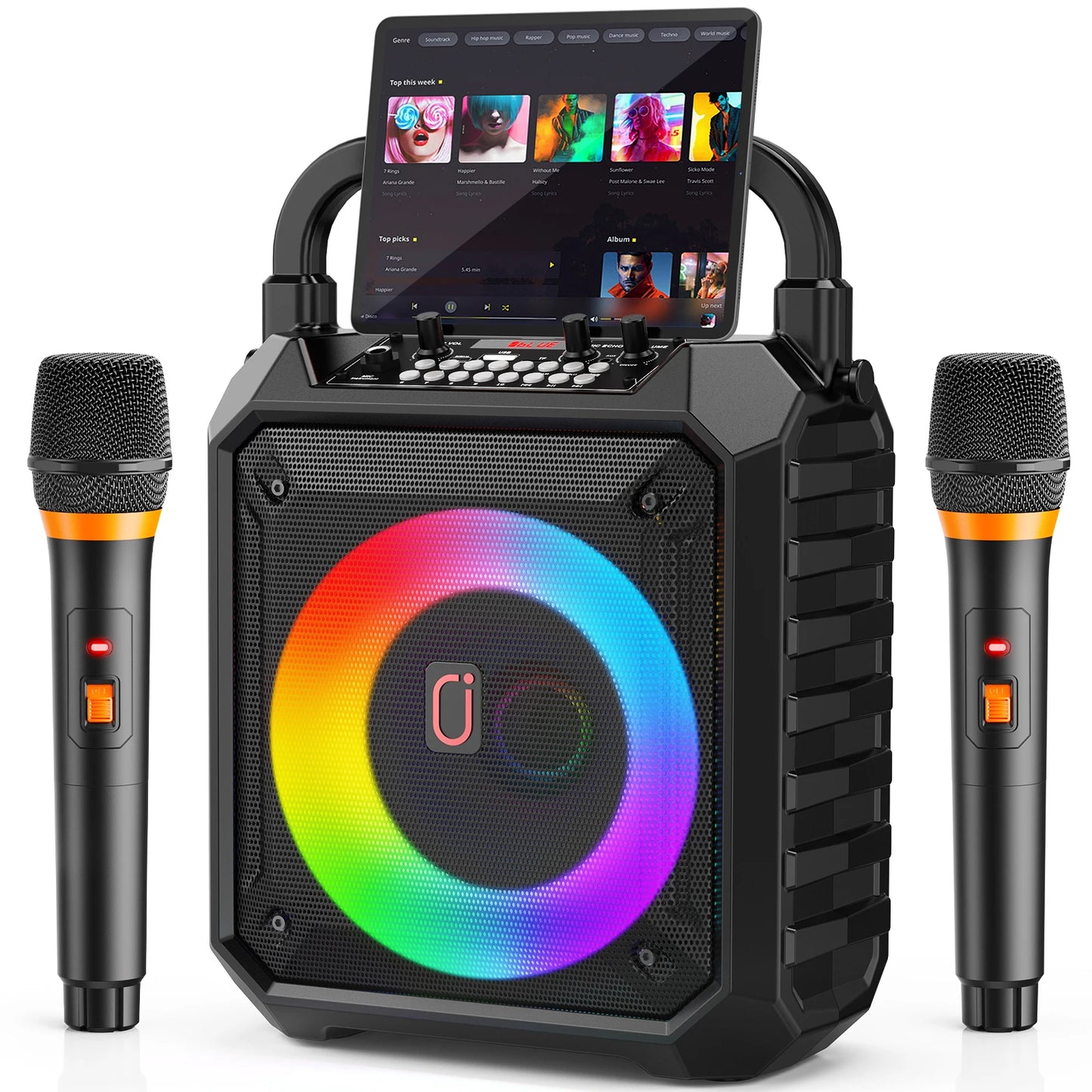 Karaoke Machine with 2 Wireless Microphones, Portable Speaker with LED Lights