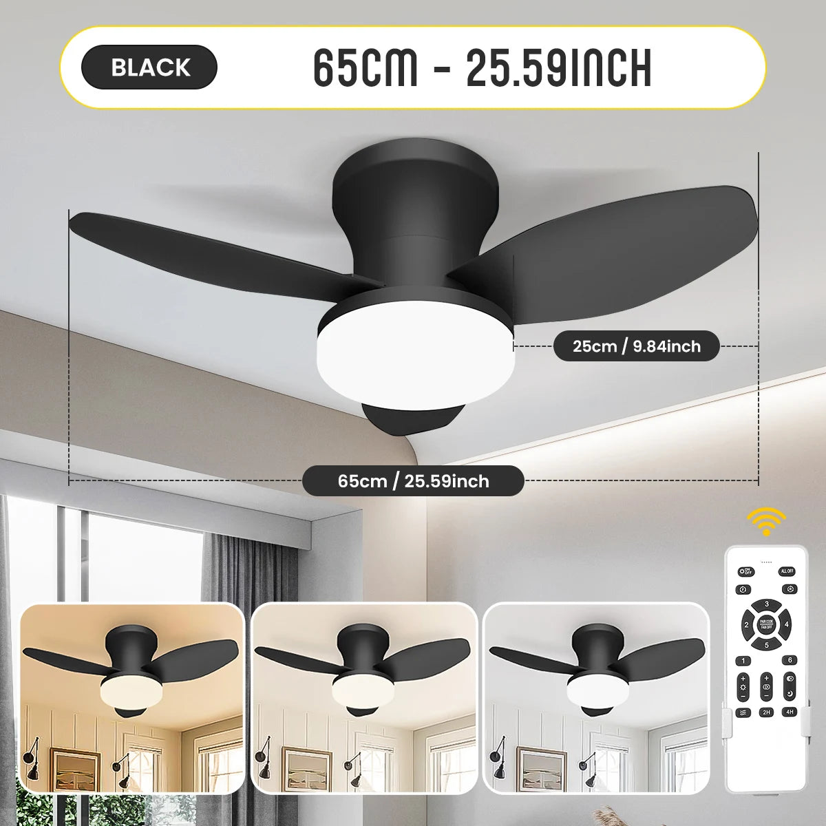 Ceiling Fan with Light & Remote Control, Reversible Noiseless, Dimmable