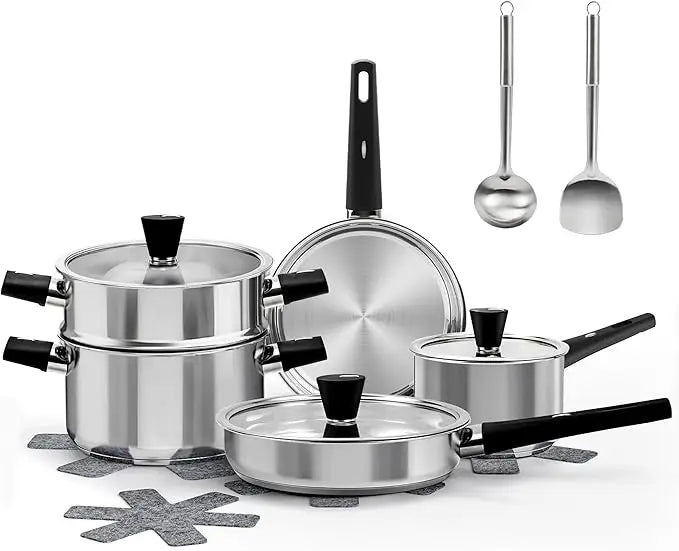 Stainless Steel Cookware Set, 16-Piece Pots and Pans with Glass Lids, Steamer