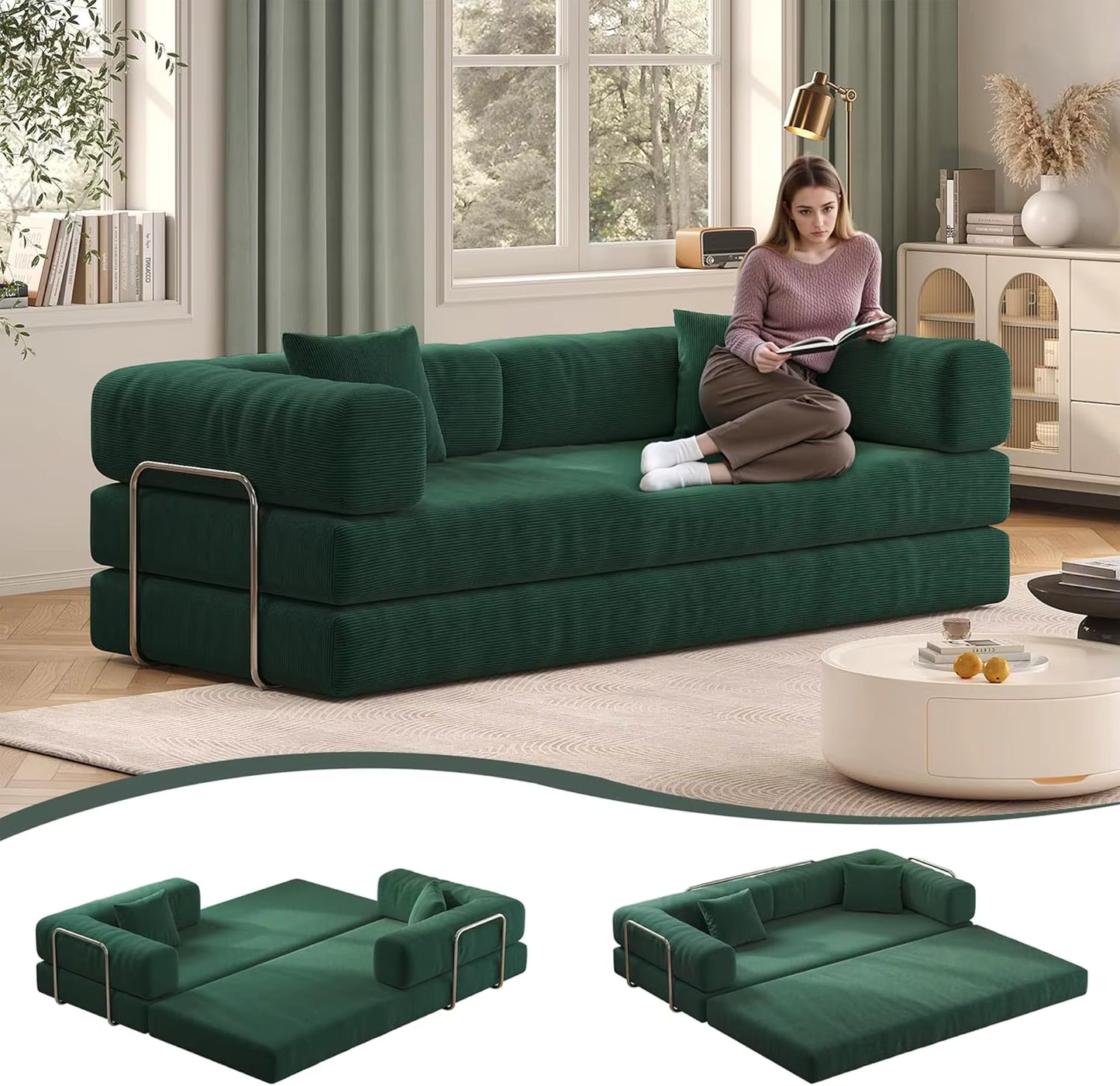 Convertible Sofa Bed with Pillows, Corduroy with Fixed-Shape Frame