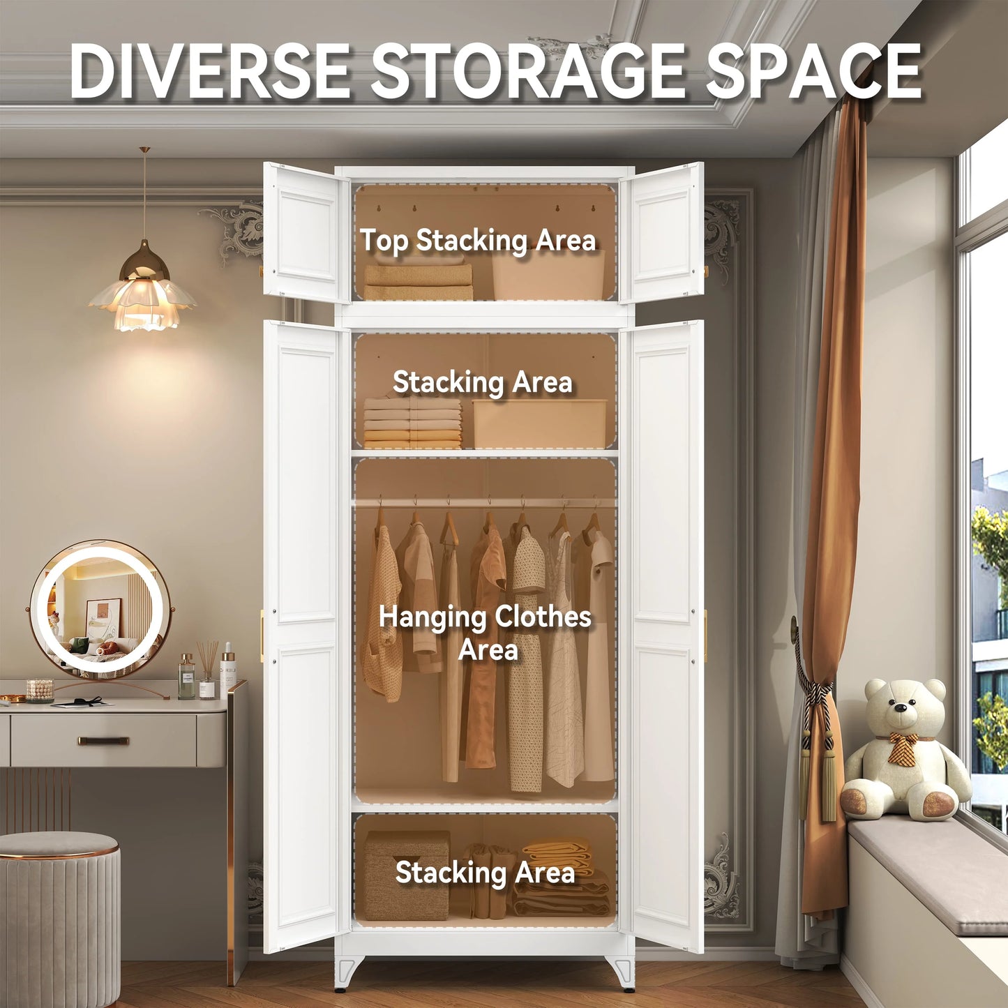 Metal Armoire Wardrobe Closet with Adjustable Shelves and Hanging Rod