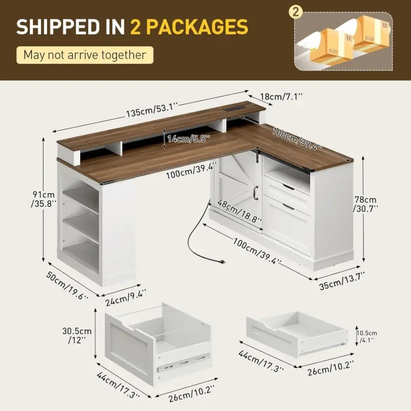Executive Corner Computer Desk with File Cabinet, Monitor Stand, and Power
