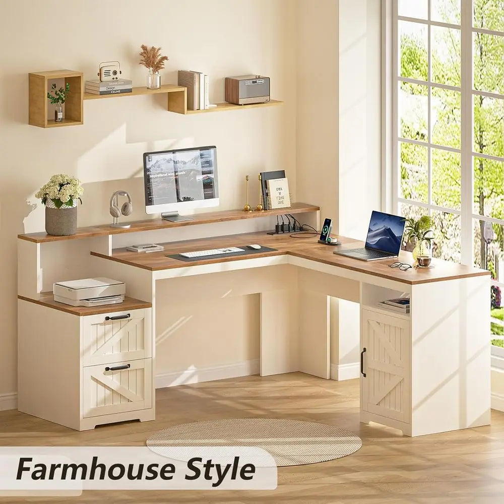 L-Shaped  Executive Desk with Drawers & Storage Shelves and Power Outlets