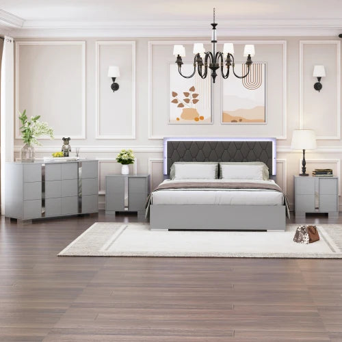 4-Piece Bedroom Sets Queen Size Upholstered Bed with LED Lights