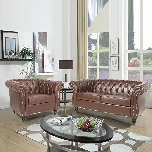 2pc Modern Tufted Sofa Set With Button & Nailhead Trim