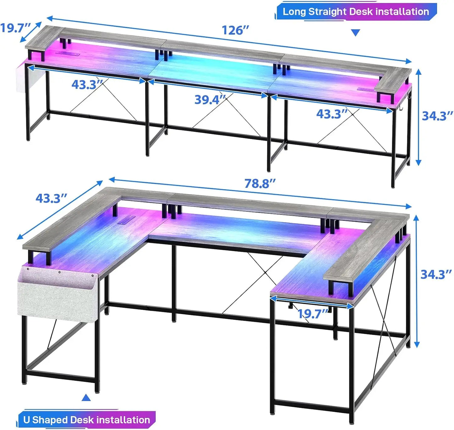 U Shaped Gaming Desk with 2 Power Outlet Adjustable LED Light