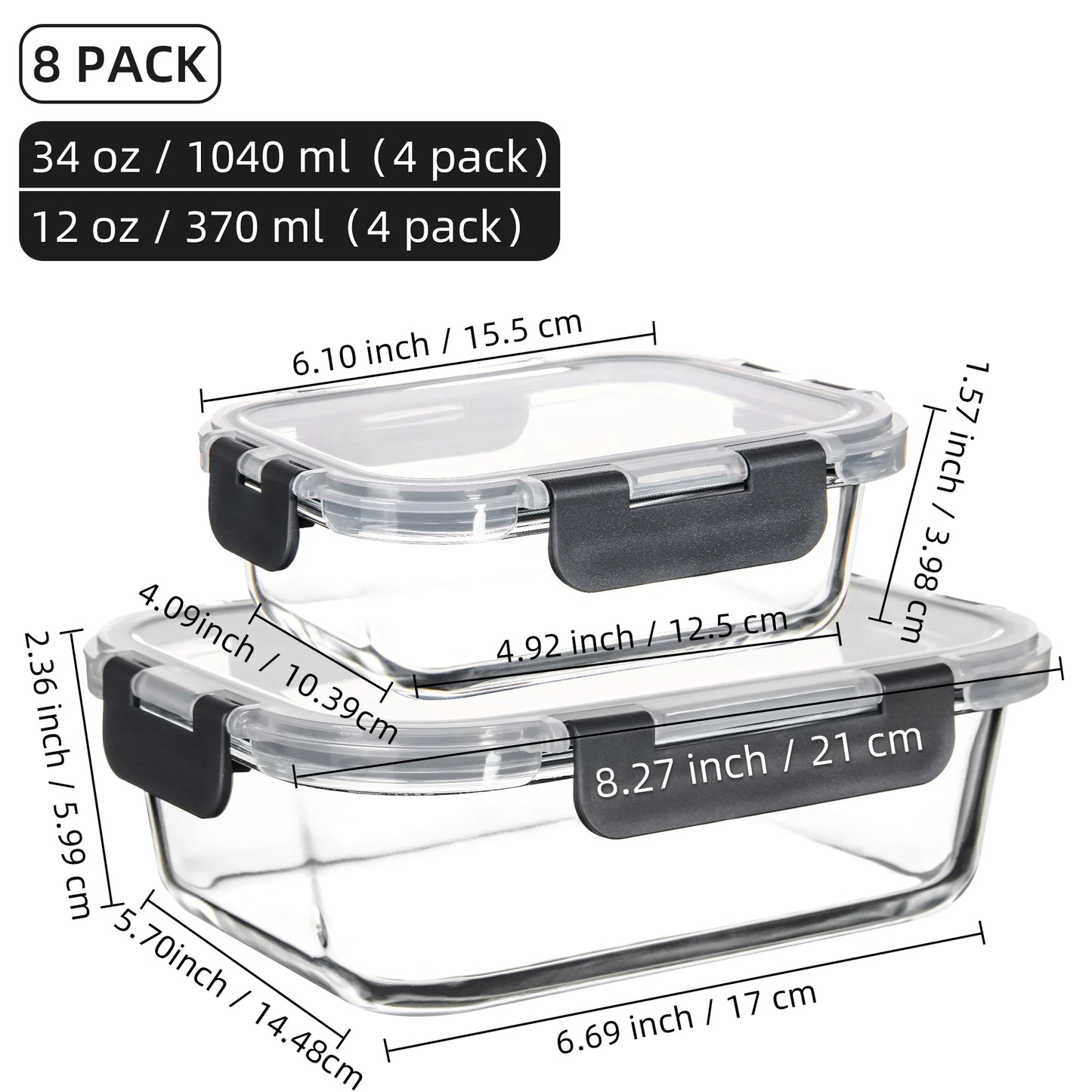 8-Piece Glass Food Storage Containers Set, Microwave & Oven Safe