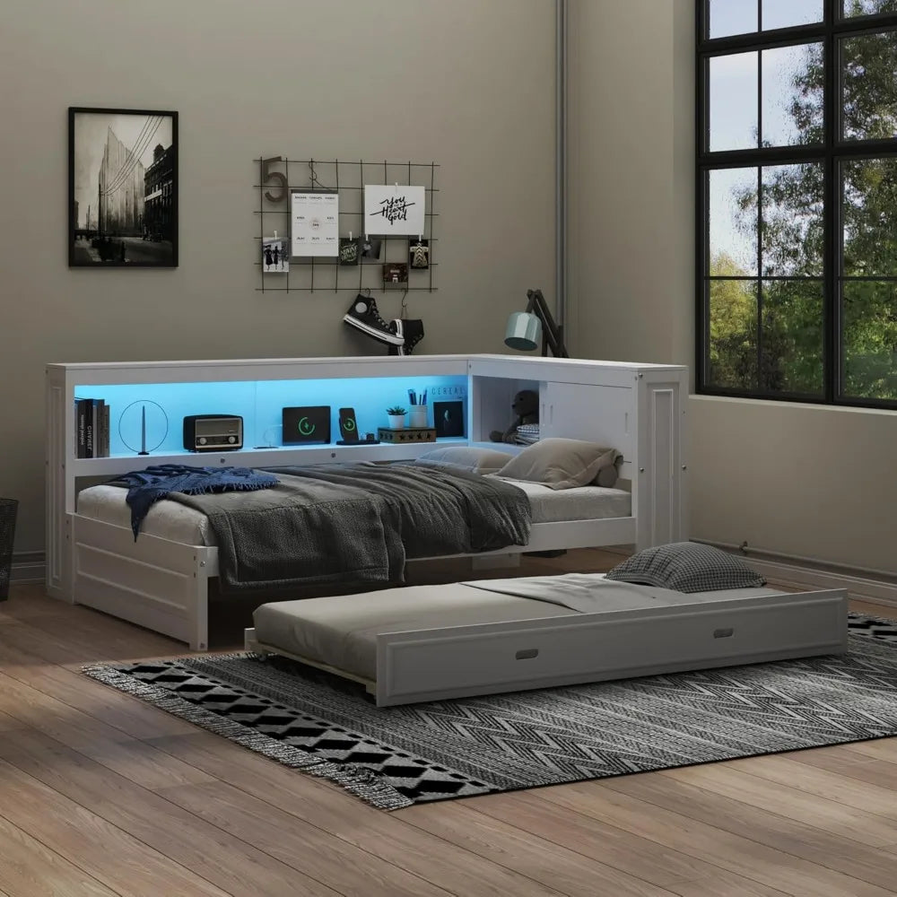 Full Size Daybed with Trundle and Storage Bookcase with LED Lights & USB Ports