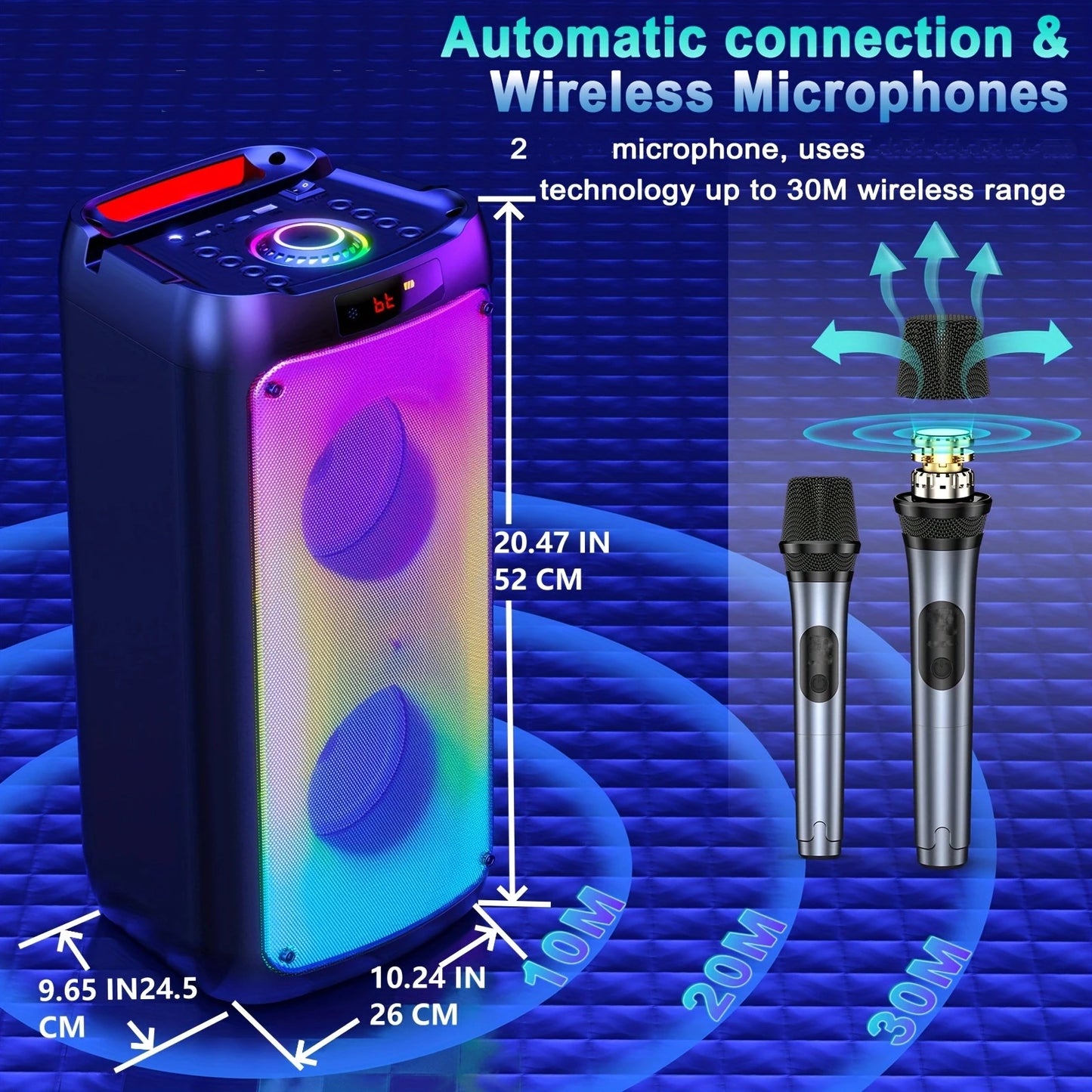 Wireless LED Bluetooth Speaker, Karaoke Machine with 2 Microphone
