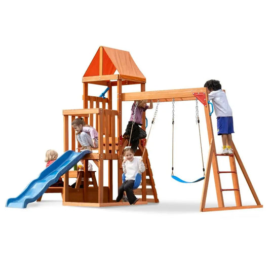 Playground Wooden Swing Sets  with 2-in-1 Outdoor Table, Wave Slide
