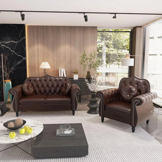 Chesterfield 2-Piece Sectional Sofa Set, Mid-Century Modern Upholstered