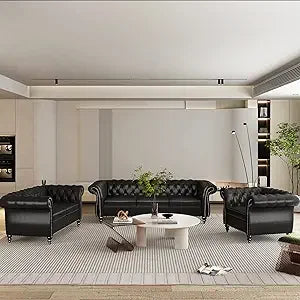 3 Piece Living Room Set- Velvet Chesterfield Sofa Loveseat  Chair