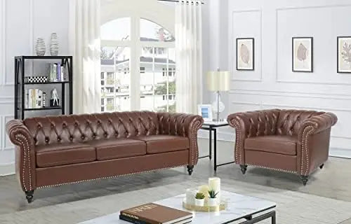 2pc Modern Tufted Sofa Set With Button & Nailhead Trim