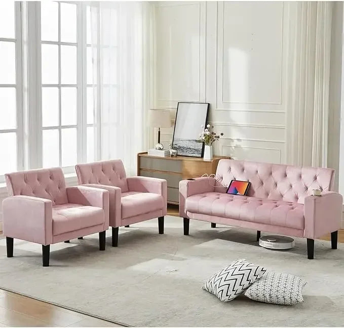 Mid-Century Loveseat Sofa Set w/ 2 USB & 2 Cupholders