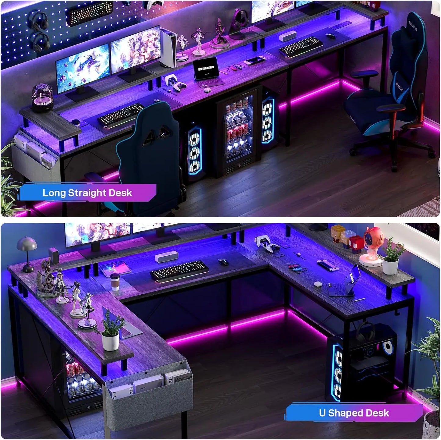 U Shaped Gaming Desk with 2 Power Outlet Adjustable LED Light