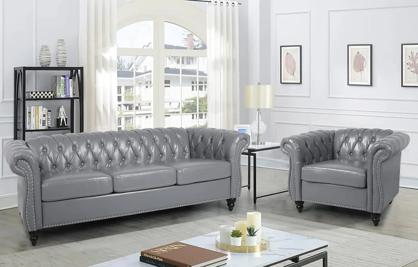 2pc Modern Tufted Sofa Set With Button & Nailhead Trim