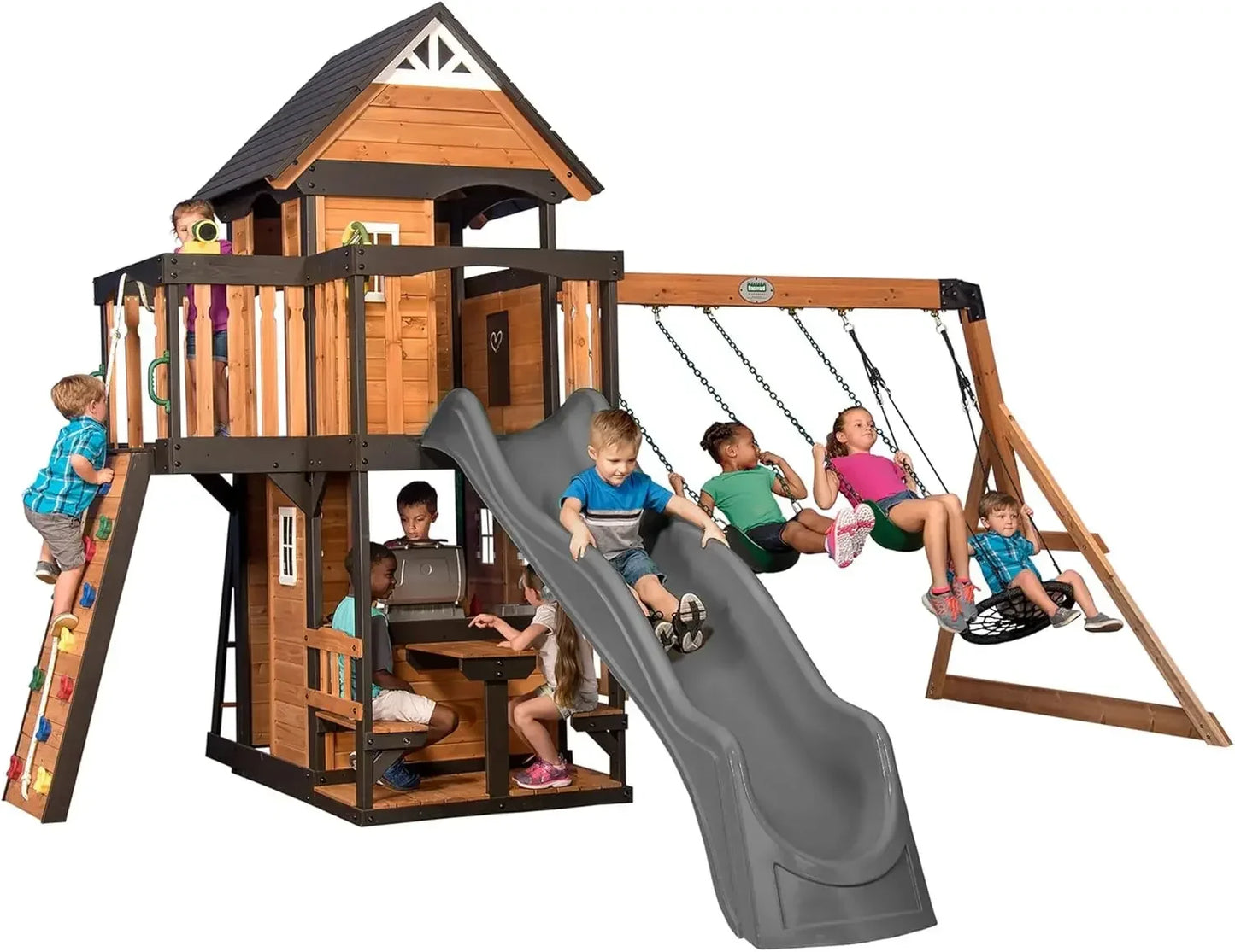Canyon Creek Cedar Wood Swing Set with Wave Slide, Clubhouse
