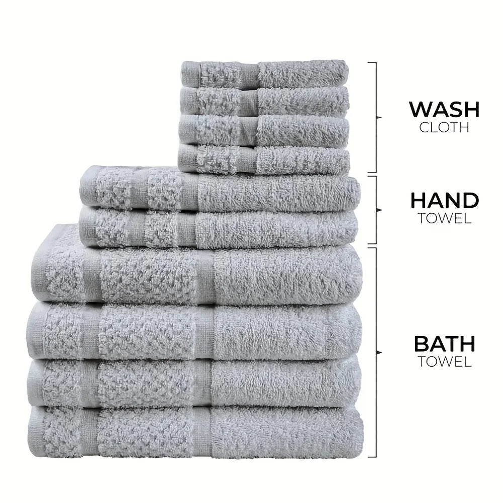 10pcs Bath Towel Set, Solid Color Cotton Towels Absorbent Quick-drying