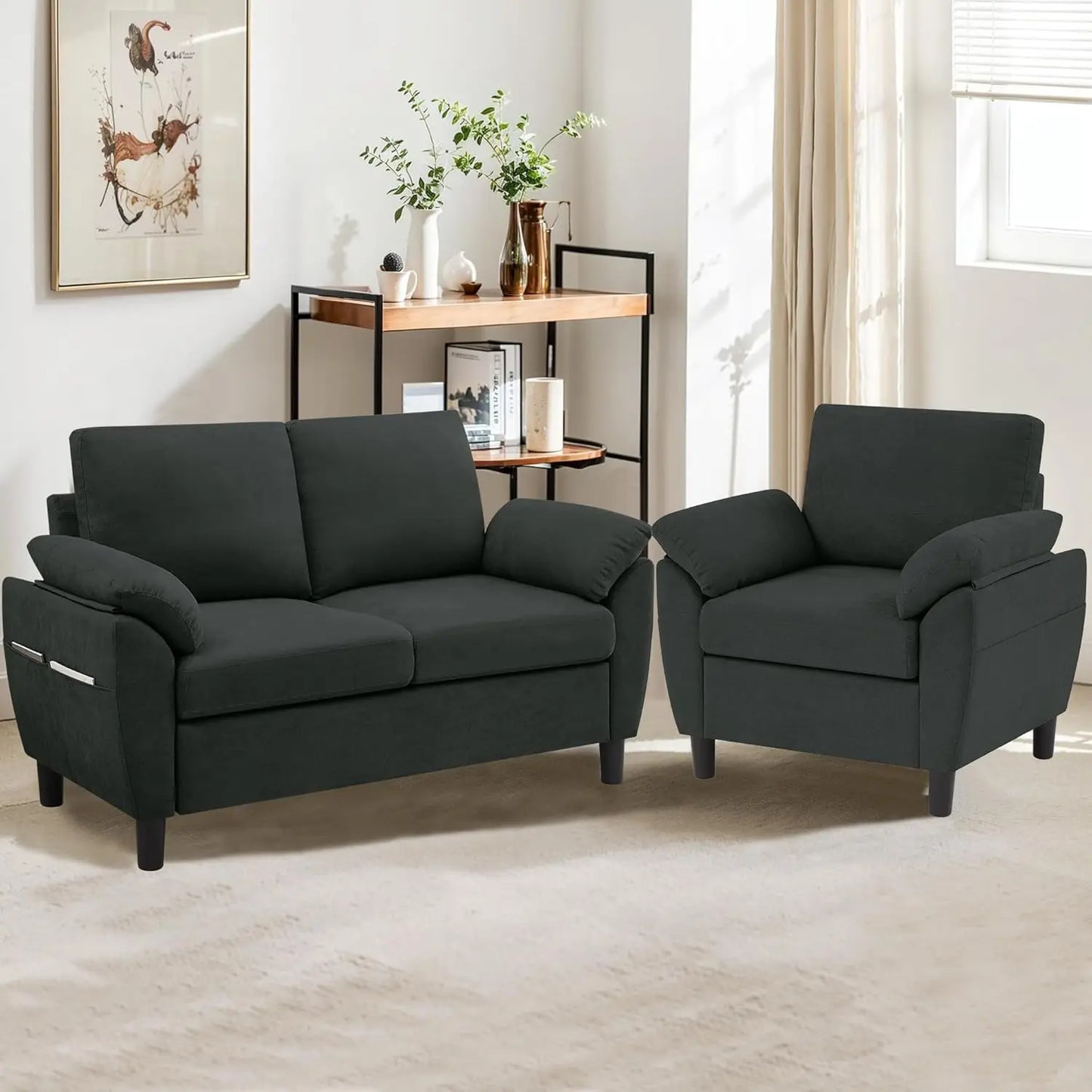2pc Linen Sectional Loveseat & Chair Set, Upholstered Beige, Customized