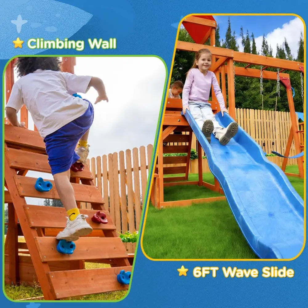 Playground Wooden Swing Sets  with 2-in-1 Outdoor Table, Wave Slide