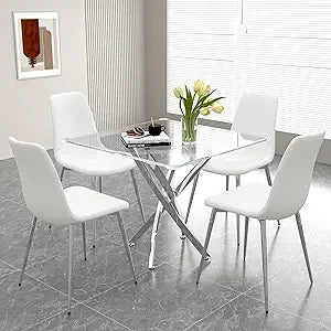 Glass Dining Table Set for 4, 5-Piece Square Gold Kitchen Table Set with 4 White Upholstered Chair, Tempered Glass Dining Room T