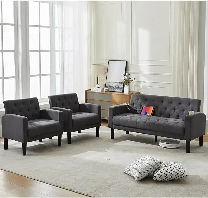 Mid-Century Loveseat Sofa Set w/ 2 USB & 2 Cupholders