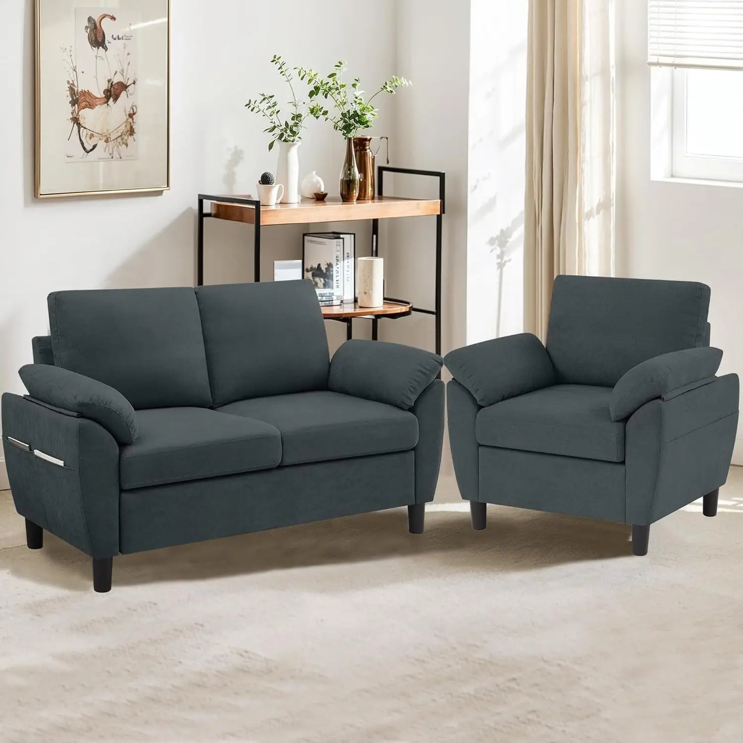2pc Linen Sectional Loveseat & Chair Set, Upholstered Beige, Customized