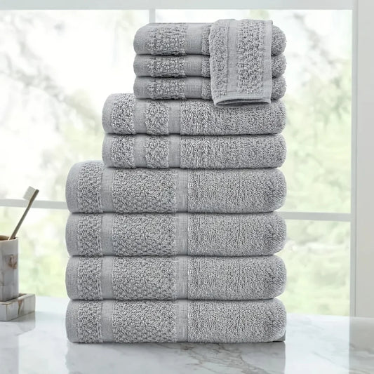 10pcs Bath Towel Set, Solid Color Cotton Towels Absorbent Quick-drying