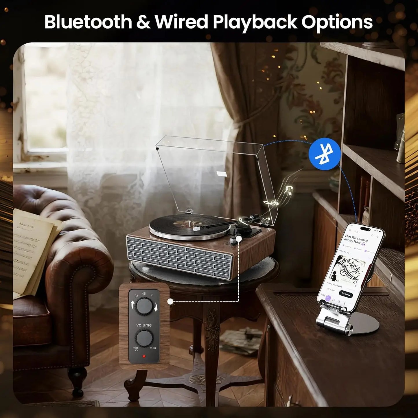 Vinyl Record Player with 4 Speakers and  2-Speed Turntable
