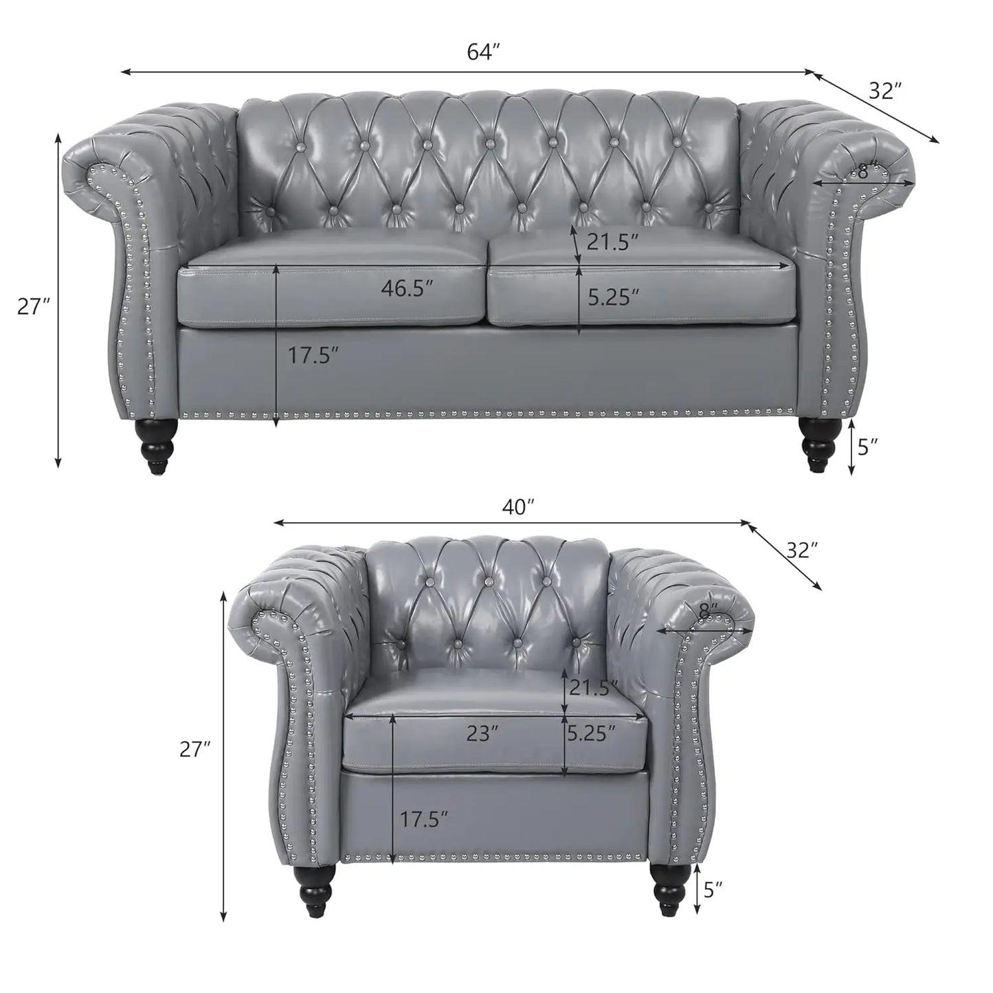 2pc Modern Tufted Sofa Set With Button & Nailhead Trim