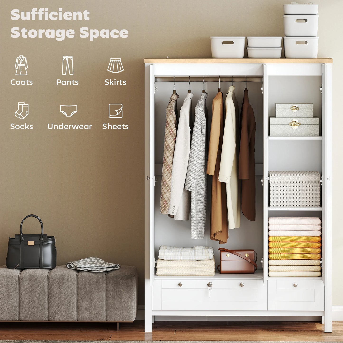 3-Door Wardrobe Closet with Lockable Large Drawer