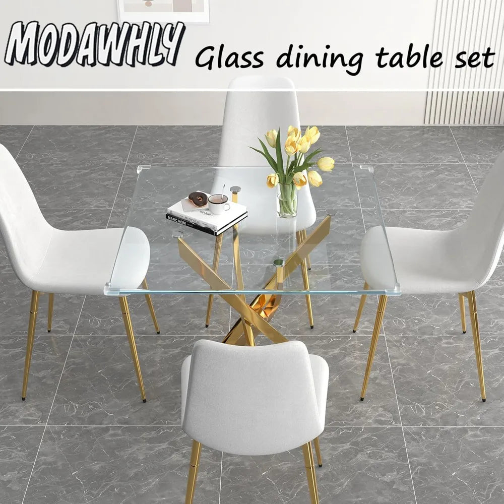 Glass Dining Table Set for 4, 5-Piece Square Gold Kitchen Table Set with 4 White Upholstered Chair, Tempered Glass Dining Room T