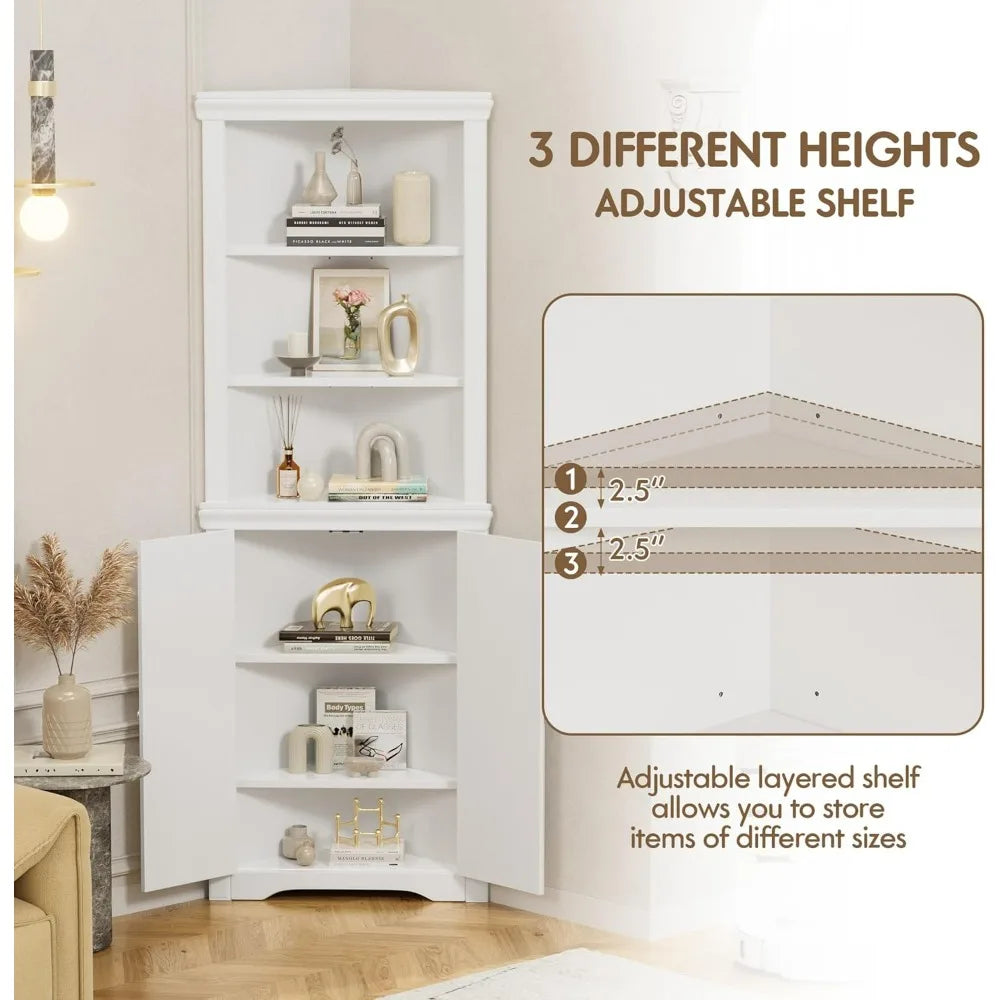 Corner Cabinet, Freestanding Corner Shelf with 2 Doors and 3 Shelves