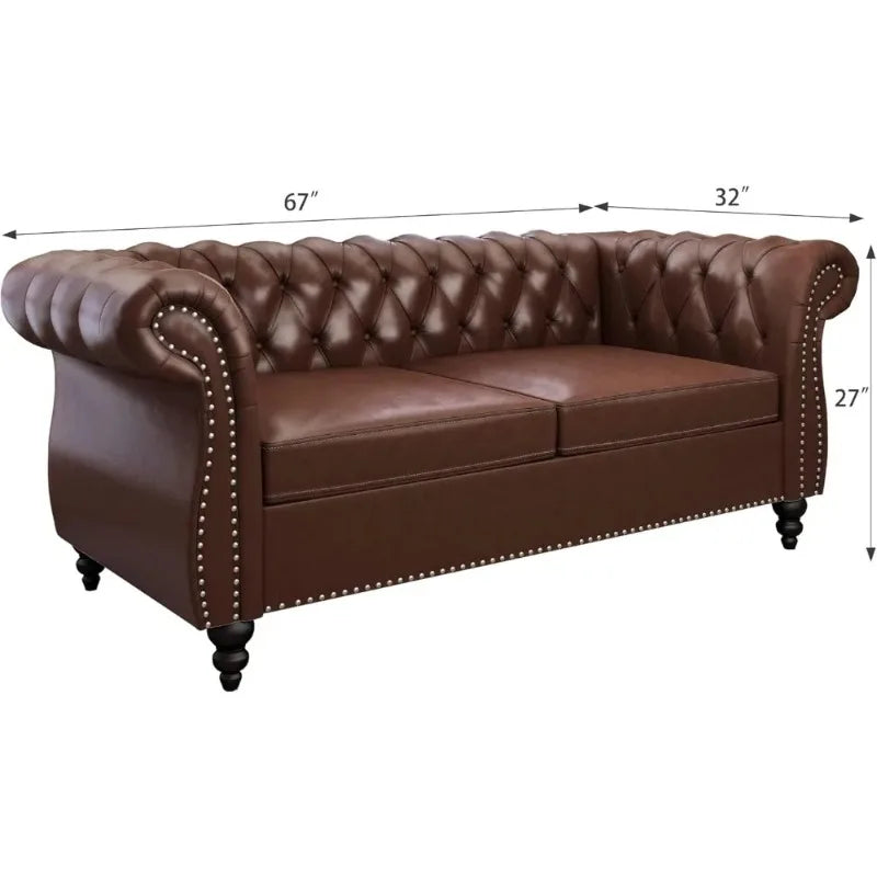 3-Piece Chesterfield Leather Sofa Set with Scroll Arms & Nailhead Trim