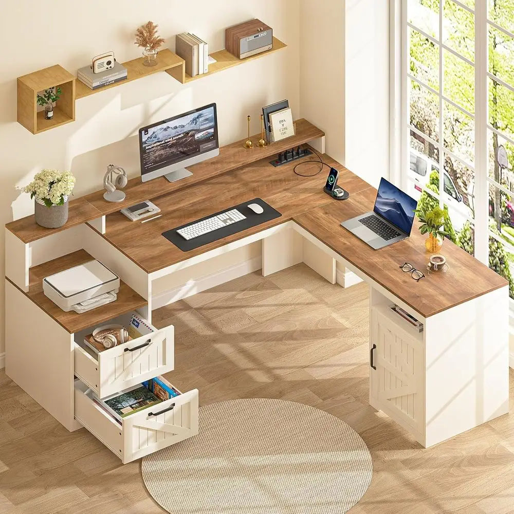 L-Shaped  Executive Desk with Drawers & Storage Shelves and Power Outlets