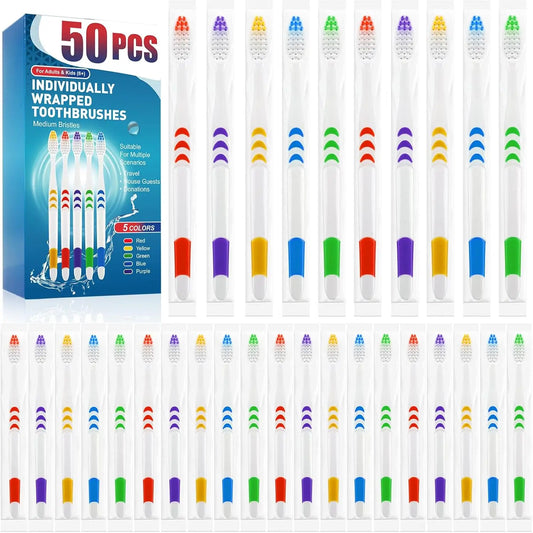 50 PCS Premium Individually Wrapped Toothbrush Pack, Medium Soft Bristles